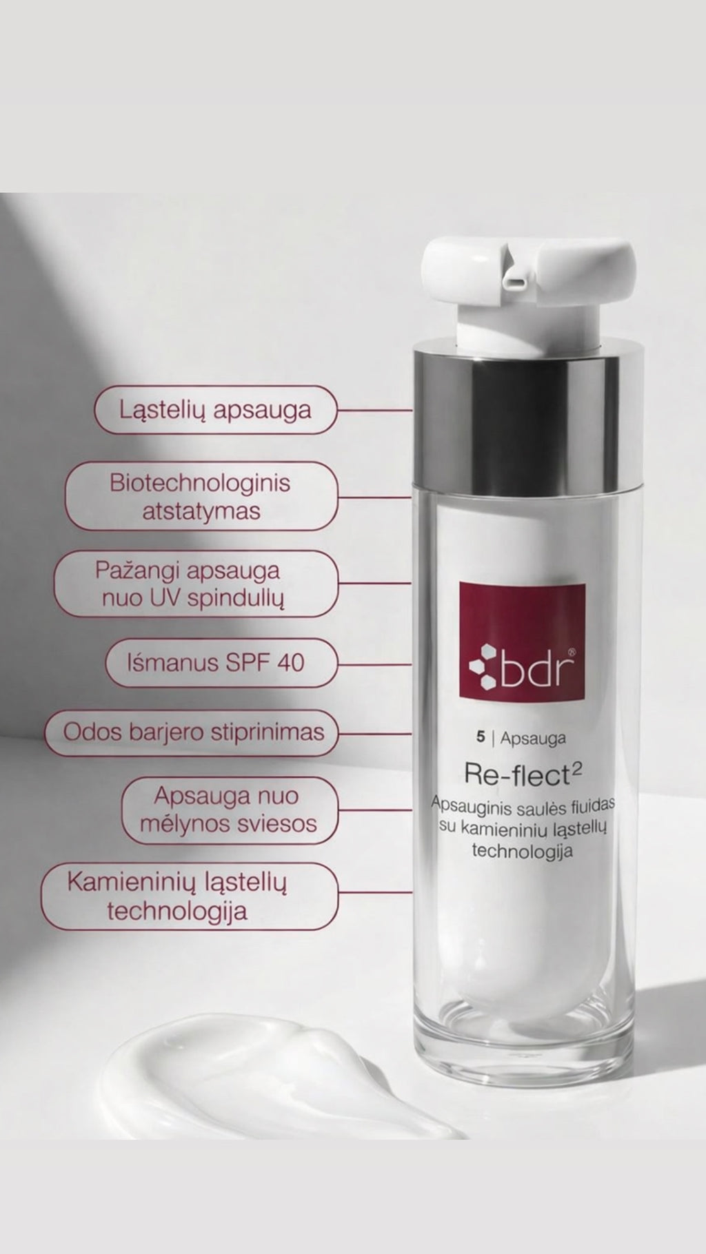 BDR RE-FLECT² SPF 40 Išmanioji apsauga nuo UVA ir UVB spindulių